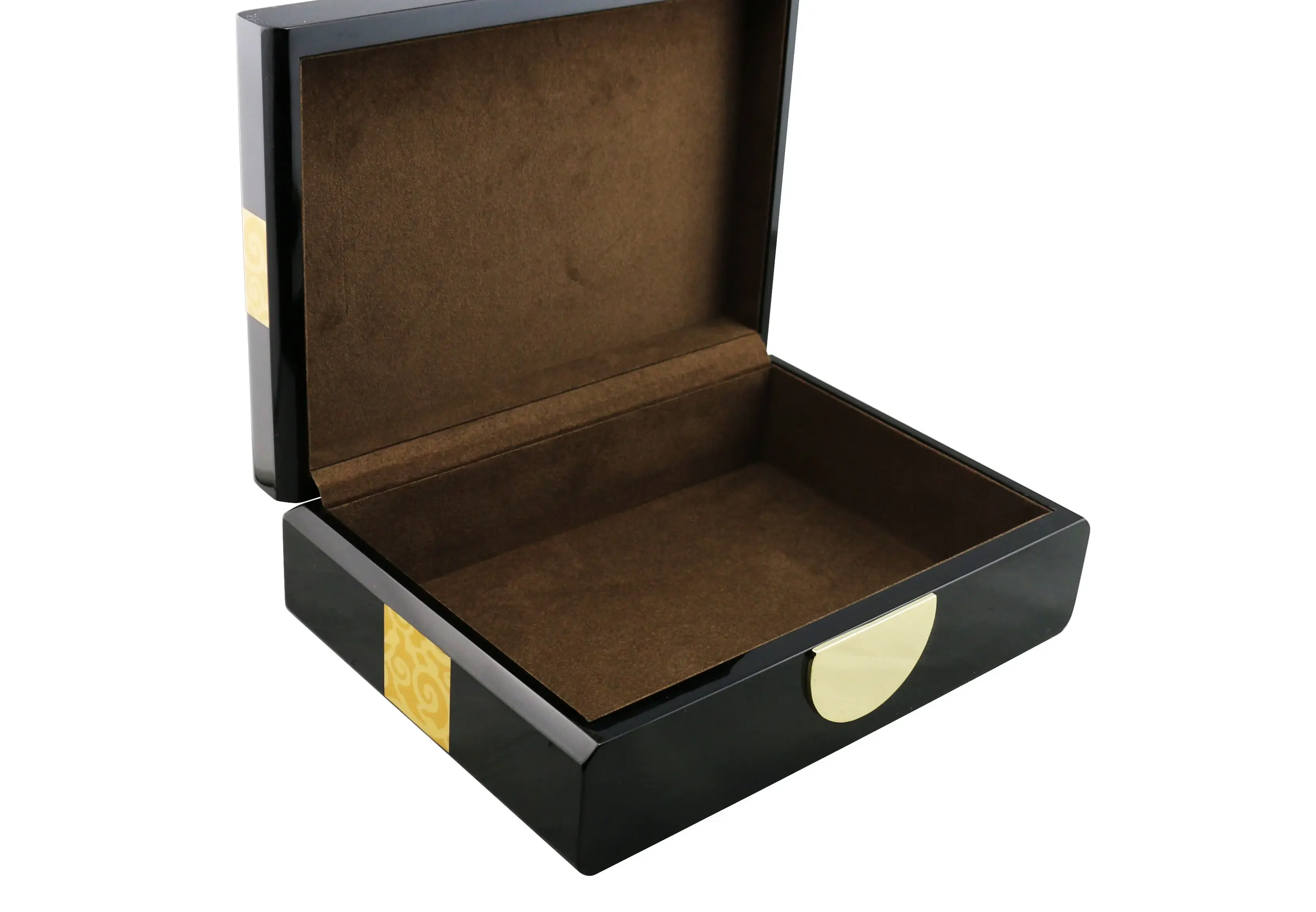 Piano-finish exclusive wooden boxes gold color opened