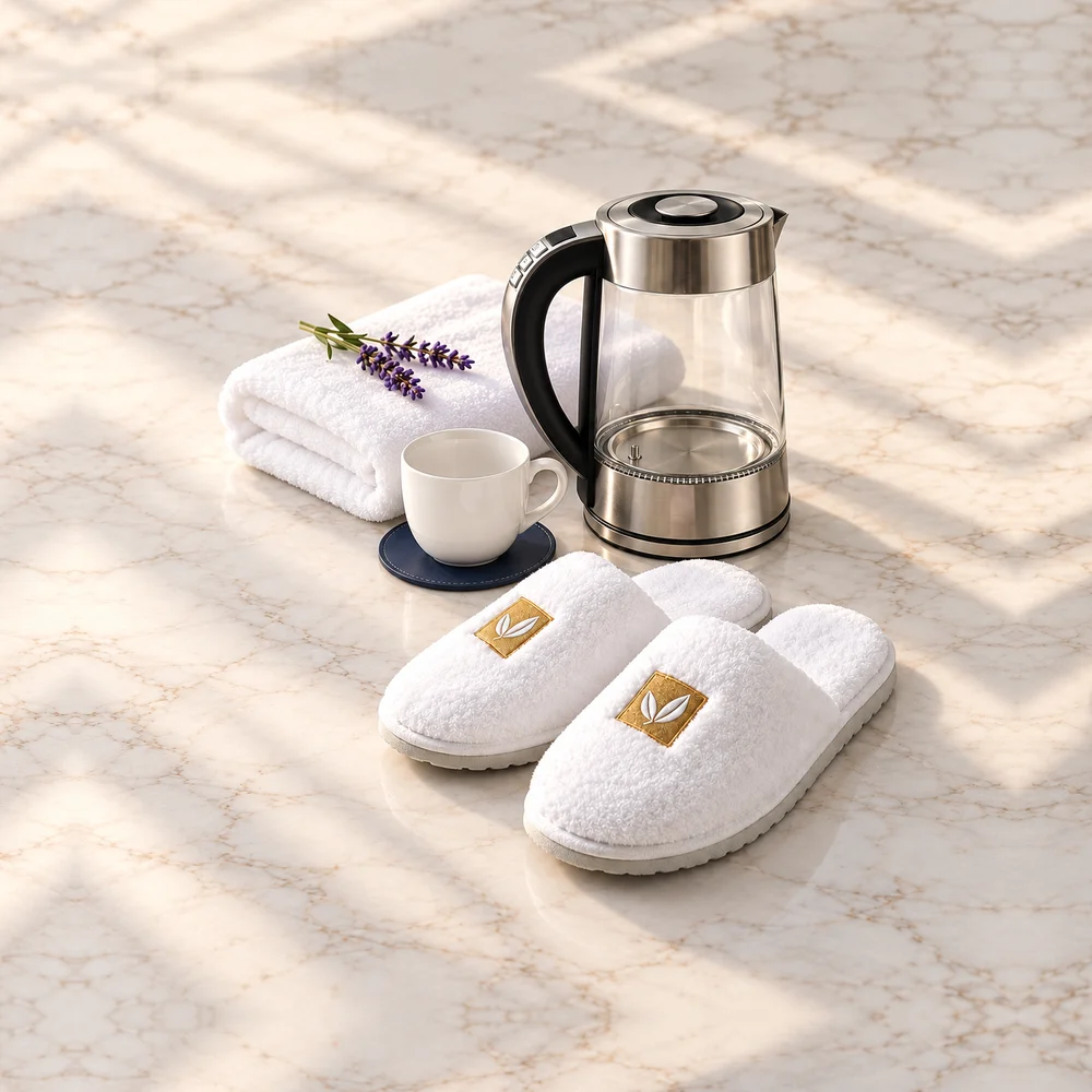 Glass kettle, cup, towels and branded guest slippers on a marble counter